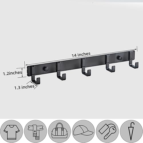 Miniatura 8 de LUYU Perchero de pared elegante diseño de aluminio negro con 5 ganchos para abrigos, sombreros, toallas y más. Perfecto para vestíbulos, baños y
