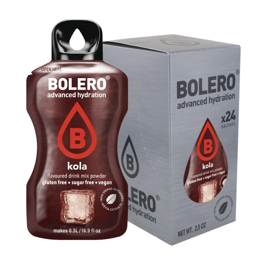 Bolero Drinks, 24 sobres de 3 gramos, sabor a fruta, preparación en polvo soluble en agua para bebidas frescas, 72 gramos, endulzado con stevia (Cola)