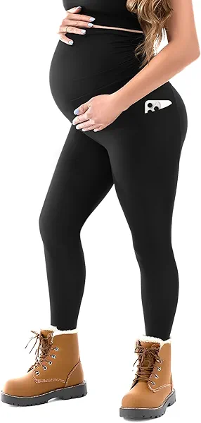 SINOPHANT Maternity Fleece Lined Leggings Over The Belly with Pockets,Thermal Womens Pregnancy Workout Pants Warm Winter Black M