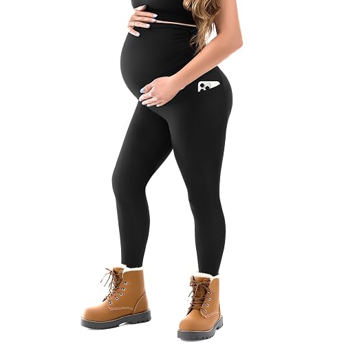 SINOPHANT Maternity Fleece Lined Leggings Over The Belly with Pockets,Thermal