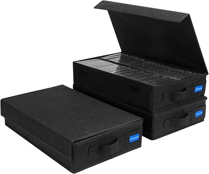 Cassette Tape Storage Box with Handles and Lid Cassette Tape Holder and Organizer with External Label Slots, Stackable Cassette Storage Rack, 3Pack-Black