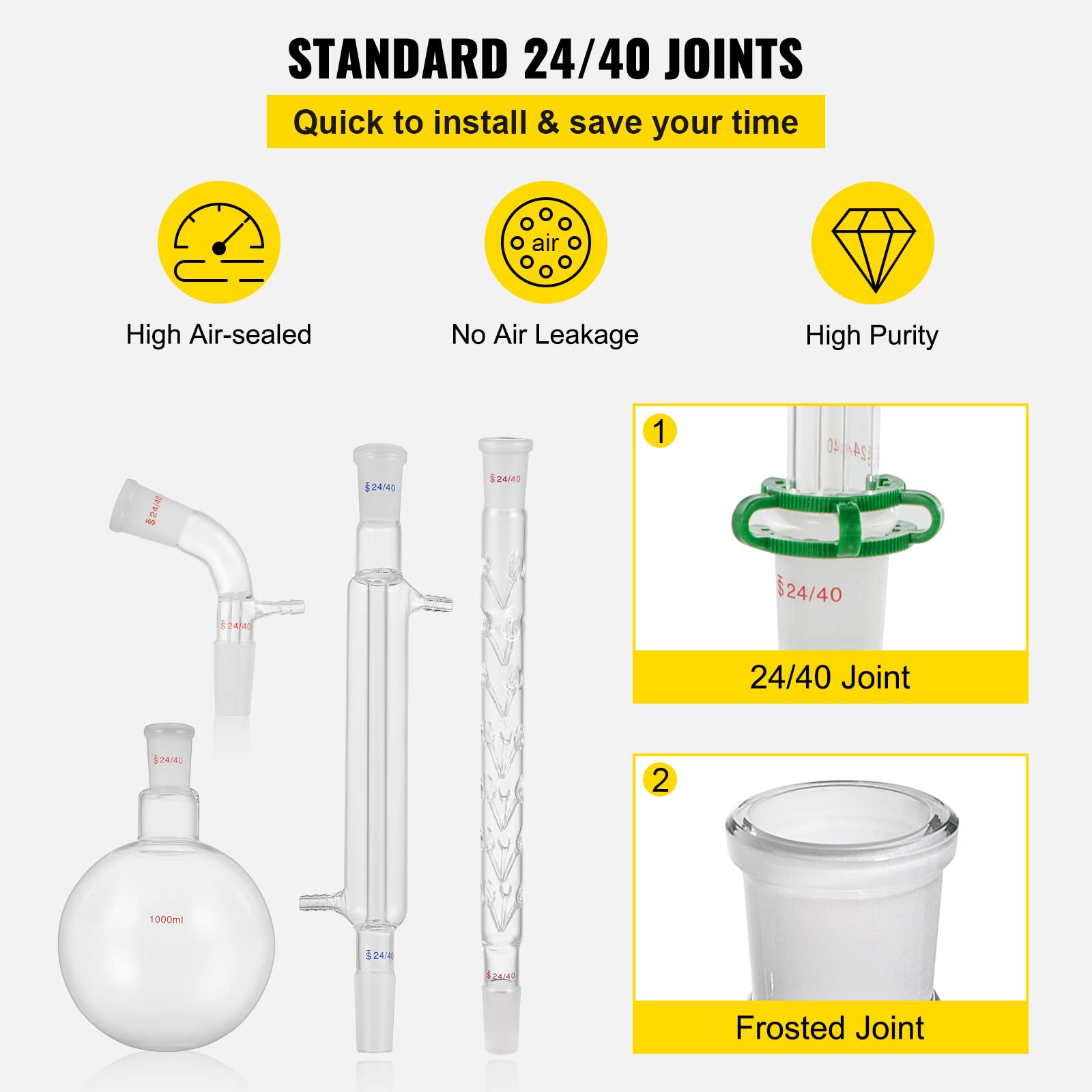 VEVOR Kit de Destilación de Laboratorio de Vidrio Boro 3.3, 1000 ml, 29 Piezas, con 24 y 40 Compuestos