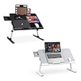 Laptop Bed Tray Desk, Adjustable PVC Leather Desktop Lap Desk, Portable Laptop Table Stand with Storage Drawer, Foldable Laptop Tray for Sofa Couch Floor (Large, Gray&X-Large,Black)
