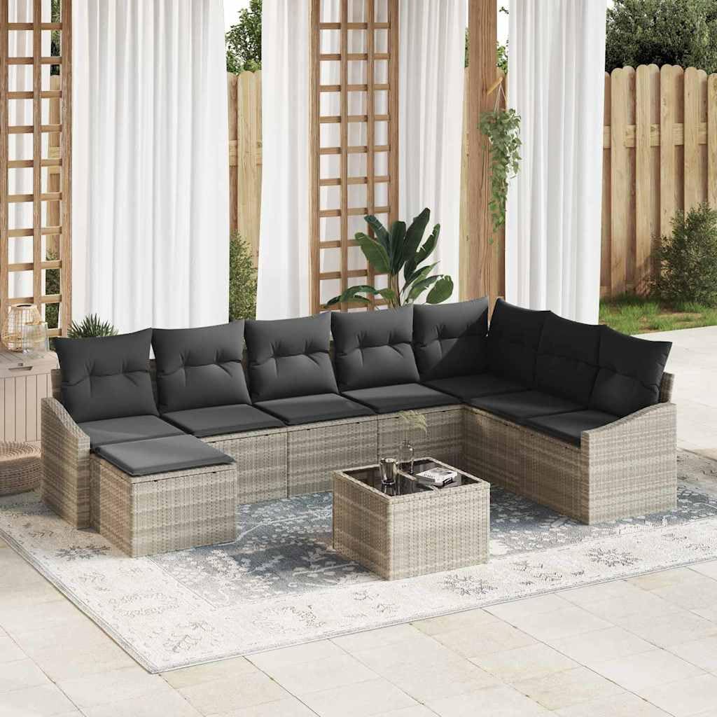 Sofá modular de jardín de poliratán con cojines, 8 piezas, color gris claro, grupo de asientos de poliratán y acero con recubrimiento en polvo para jardín y terraza
