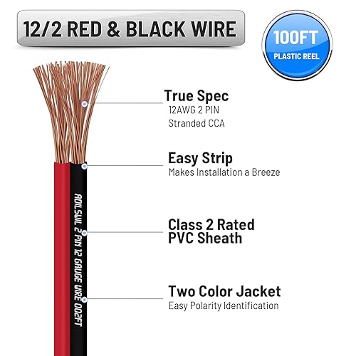 Miniatura 3 de ADILSWIL Cable de altavoz calibre 12, 50 pies, 122 AWG CCA, cable rojo y negro, 2 conductores con cremallera unida, cable de bajo voltaje, CC 12 V24