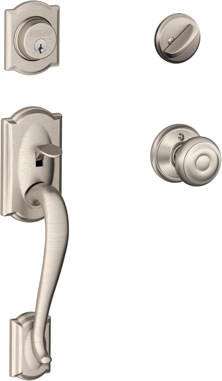 Schlage F60 V CAM 619 GEO Camelot Front Entry Handleset with Georgian Knob, Deadbolt Keyed 1 Side, Satin Nickel