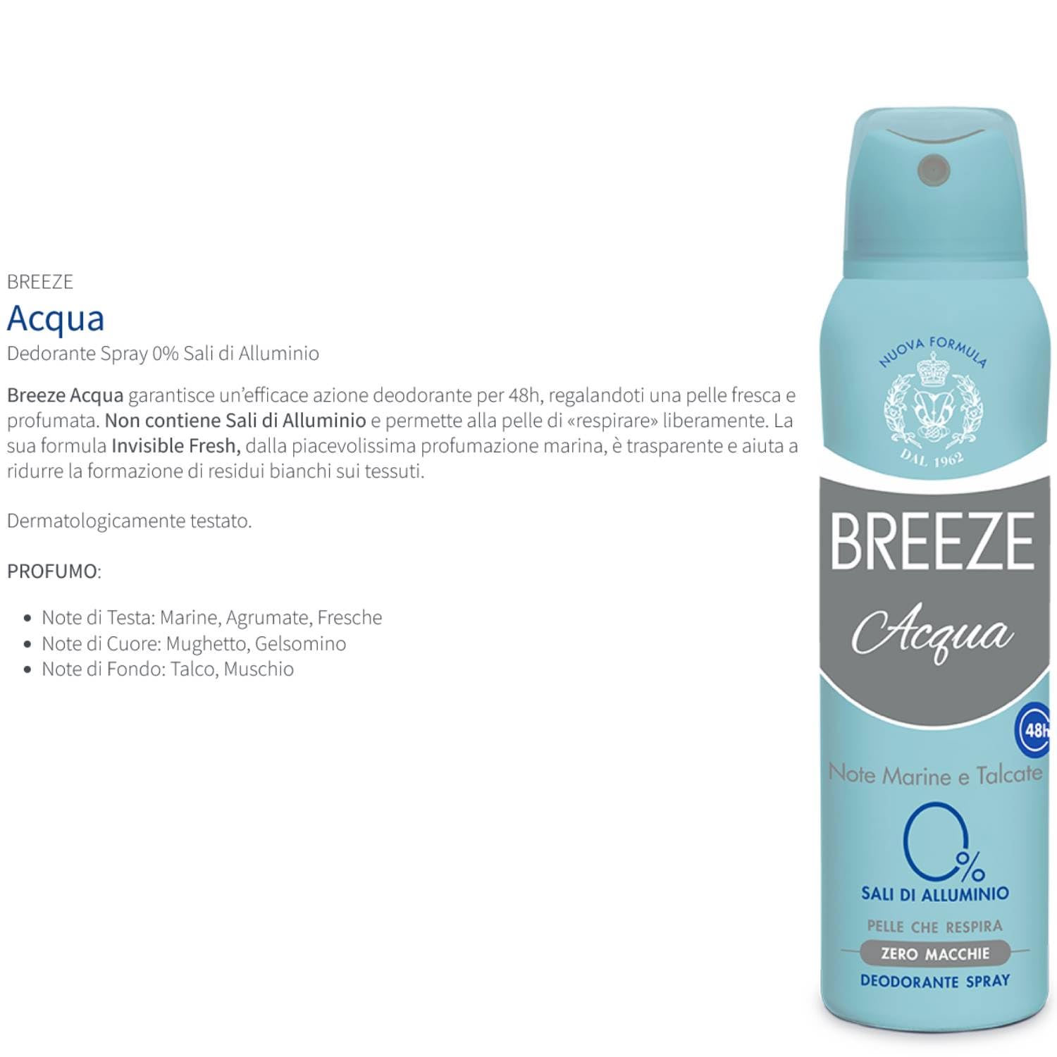 Breeze Acqua Deodorante Zero Macchie Con Note Marine e Talco Spray 48H 150 Ml (12)