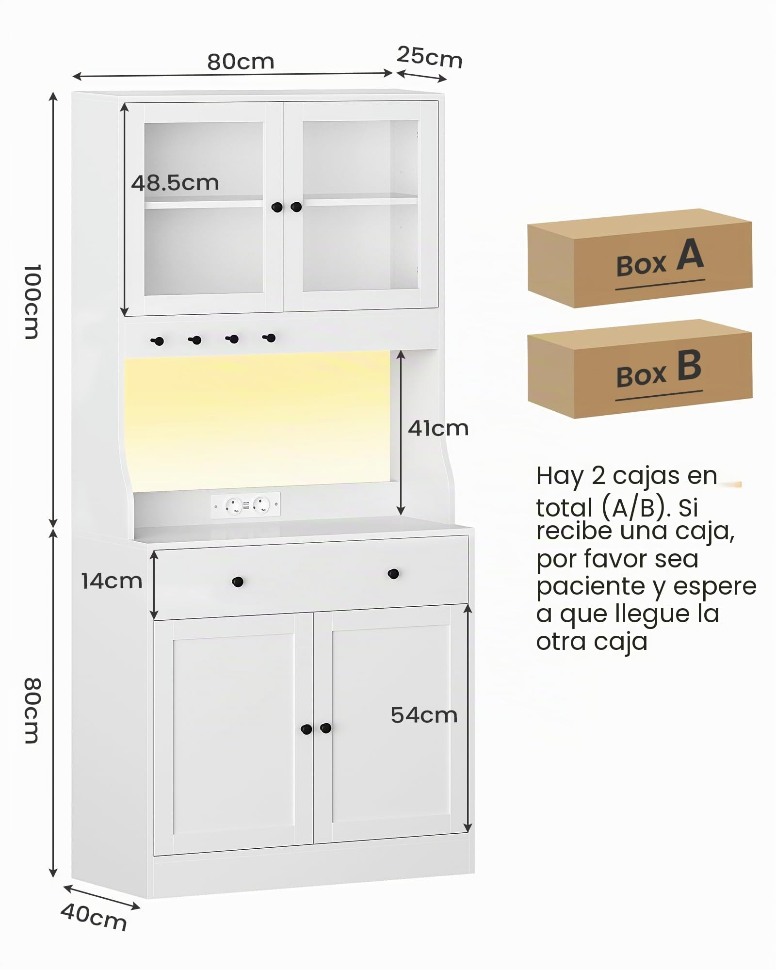 Armario de cocina con encimera, armario buffet con cajón, aparador con LED, enchufe, puerta de armario de cristal, estantes ajustables, cocina, salón, comedor, color blanco