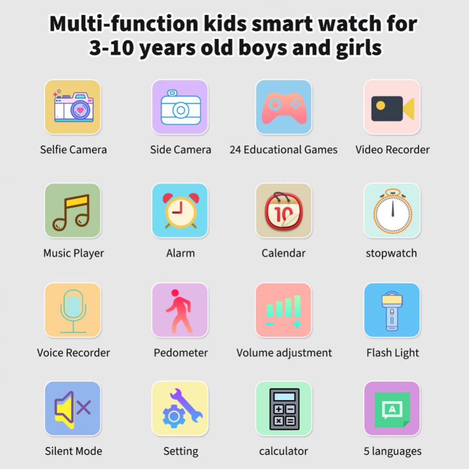 Annadue Smartwatch per Bambini e Bambine con 24 Giochi Puzzle, Schermo Touch, Fotocamera, Riproduzione di Musica e Video, Sveglia, Torcia, Contapassi, Registratore Vocale, Schermo (BLACK)