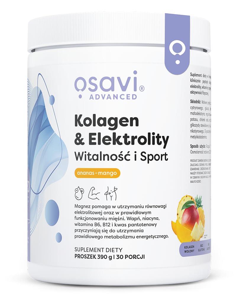 Osavi Kolagen & Elektrolity Witalność i Sport – 390 g proszku | Smak ananas - mango | Peptydy kolagenowe TENDOFORTE® | 5 elektrolitów + witaminy B | Aquamin Mg® | Wsparcie podczas aktywności fizycznej