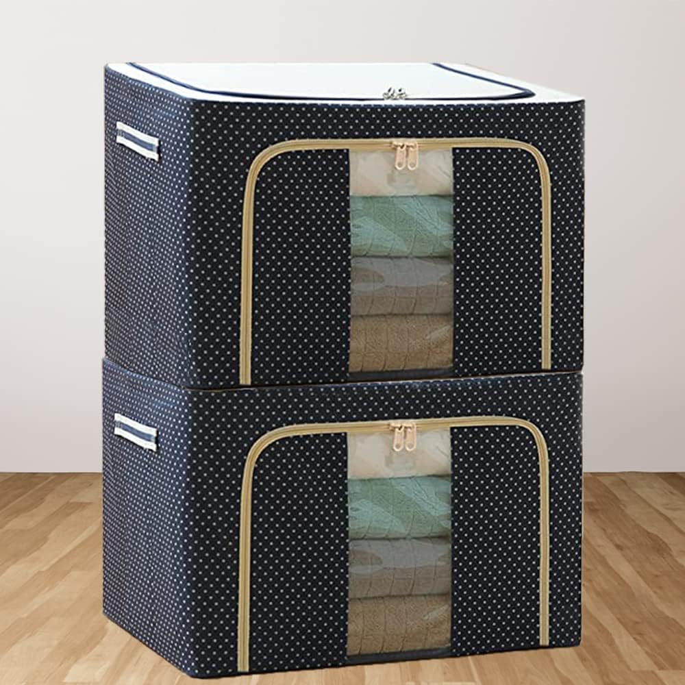 uNest 66 LTR Foldable Steel Frame Cloths Zip Organizer Bag | Pack of 2 | Navy Blue | Oxford Fabric | Storage and Cover Box for Wardrobe Shelves Clothes, Sarees, Bed Sheet, Blanket Storage Box-image-46