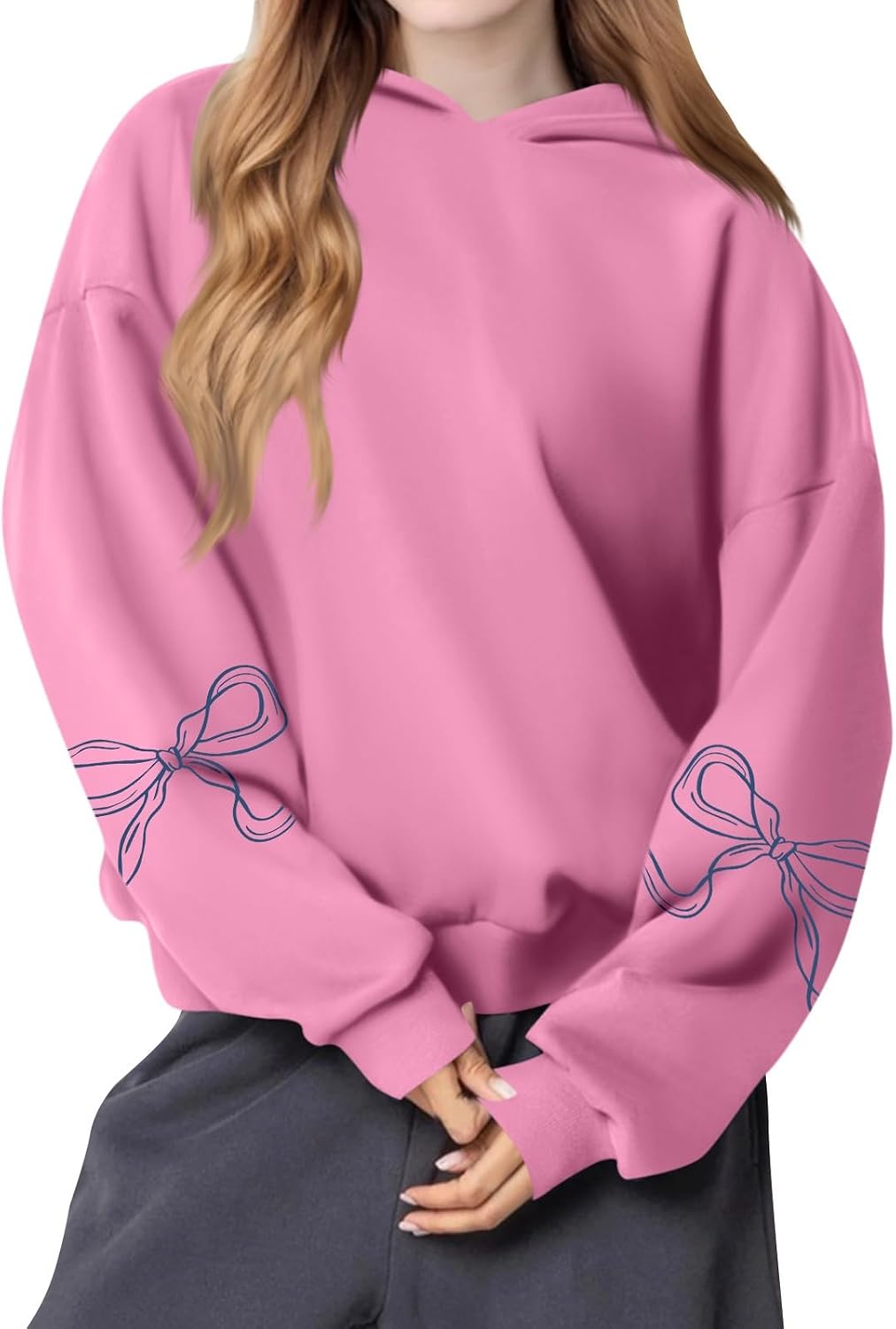 Bow Hoodie Women Cute Y2k Graphic Fleece Oversized Hoodies Trendy Long Sleeve Hooded Sweatshirt Bow Sweater Y2k Tops