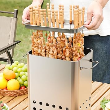 Stainless Barbecue Hanging Grill, Square Charcoal BBQ Stove, Kebob Grill With 30 Skewers, Portable Vertical Charcoal Smoker for Travel Camping Grill Picnic Patio BackyardExcluding coal