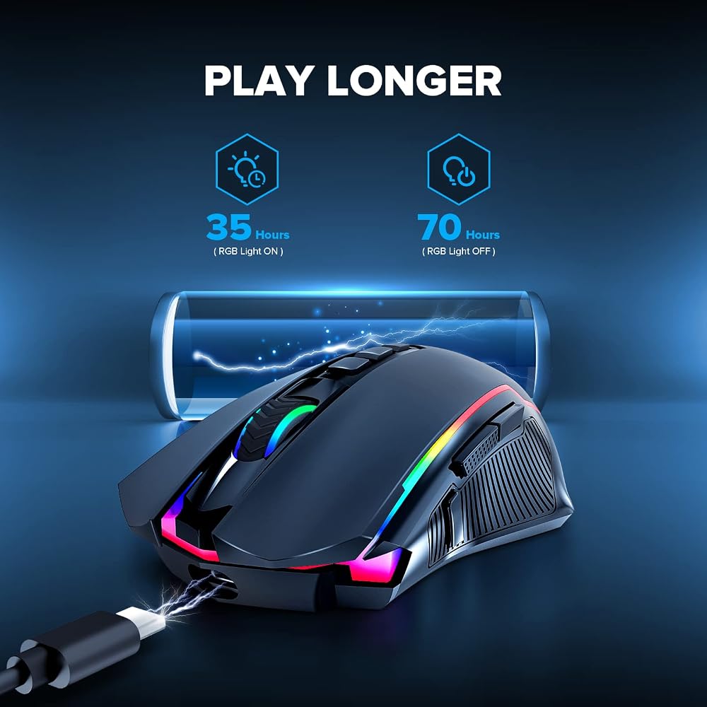 Redragon Gaming Mouse, Wireless Mouse Gaming with 8000 DPI, PC Gaming Mice with Fire Button, RGB Backlit Programmable Ergonomic Mouse Gamer, Rechargeable, 70Hrs for Windows, Mac Gamer, Black