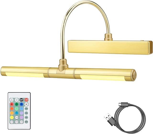 HONWELL LED Picture Light with Remote Control, Rechargeable LED Wall Lights with 12 Colors Changing, LED Display Lamp 13 Inches Rotatable Light Head for Painting Dartboard Frame Portrait Art, Gold
