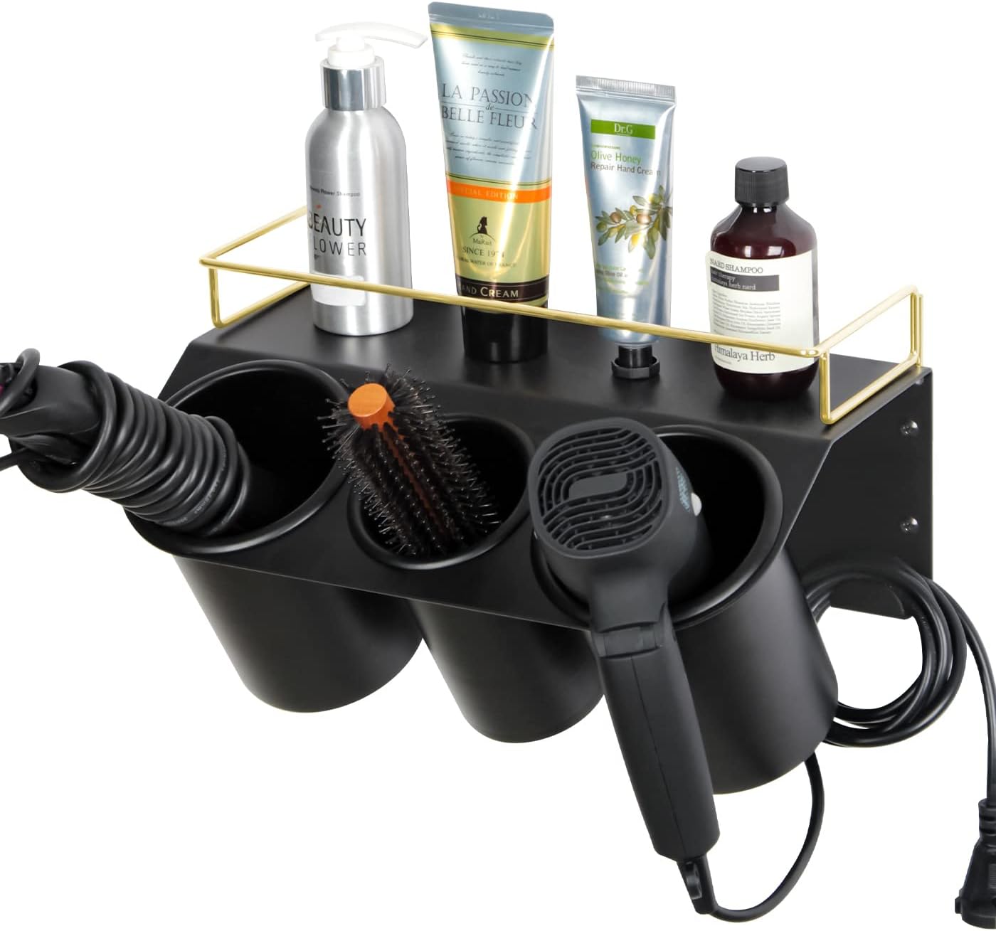 Hair Dryer Holder Wall Mount Bathroom Vanity Hair Styling Care Tool Accessories 3 Cups Storage Organizer Caddy with Shelf Steel Black Gold- MK1002A (Black)
