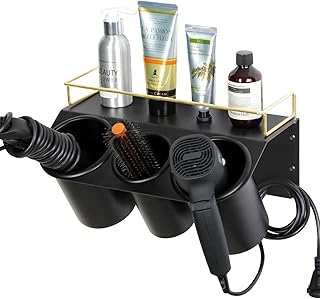 J JACKCUBE DESIGN Hair Dryer Holder Wall Mount Bathroom Vanity Hair Styling Care Tool Accessories 3 Cups Storage Organizer Caddy with Shelf Steel Black Gold- MK1002A (Black)