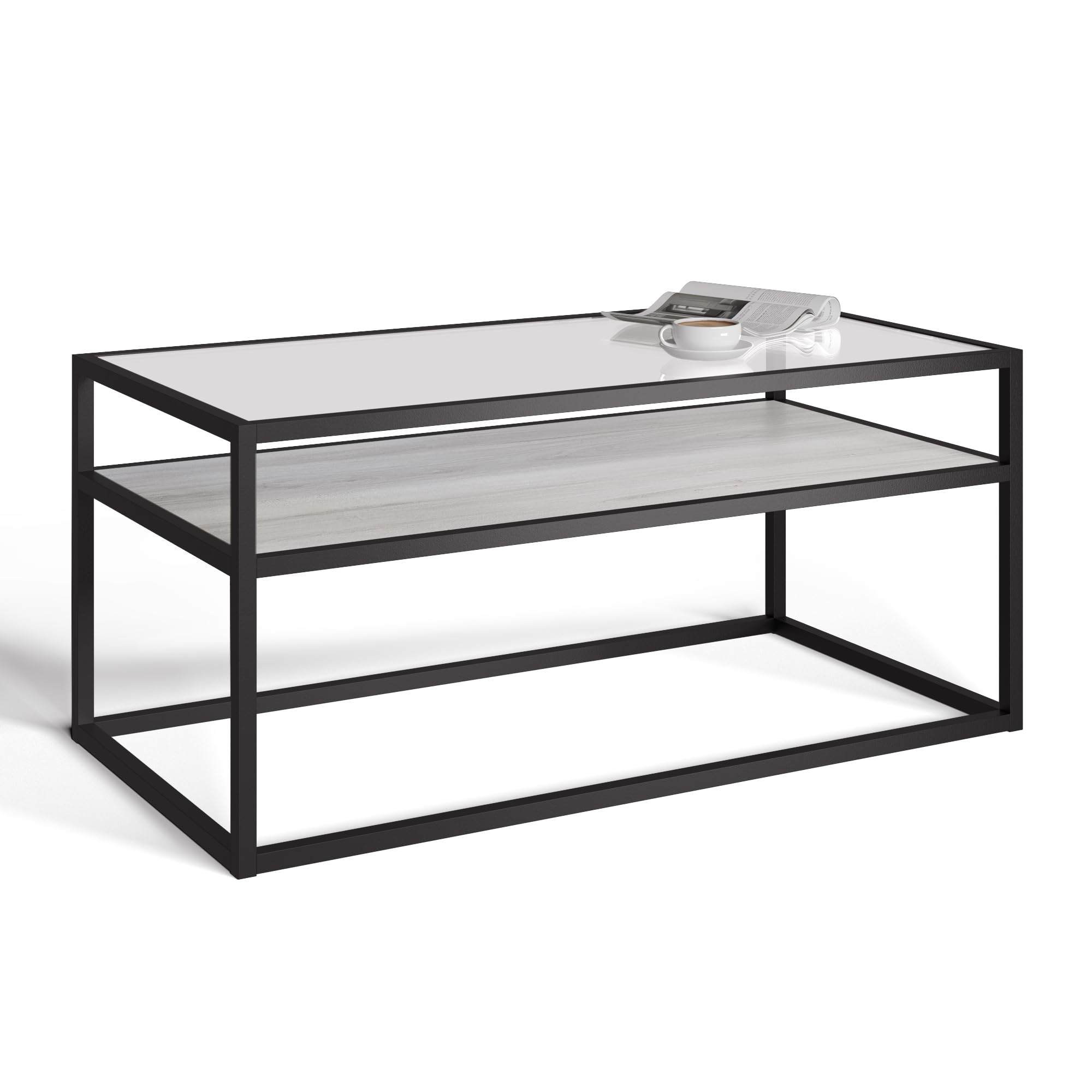 URBNLIVING Glass Display Top Coffee Table with Steel Frame Reversible Wooden Storage Shelf