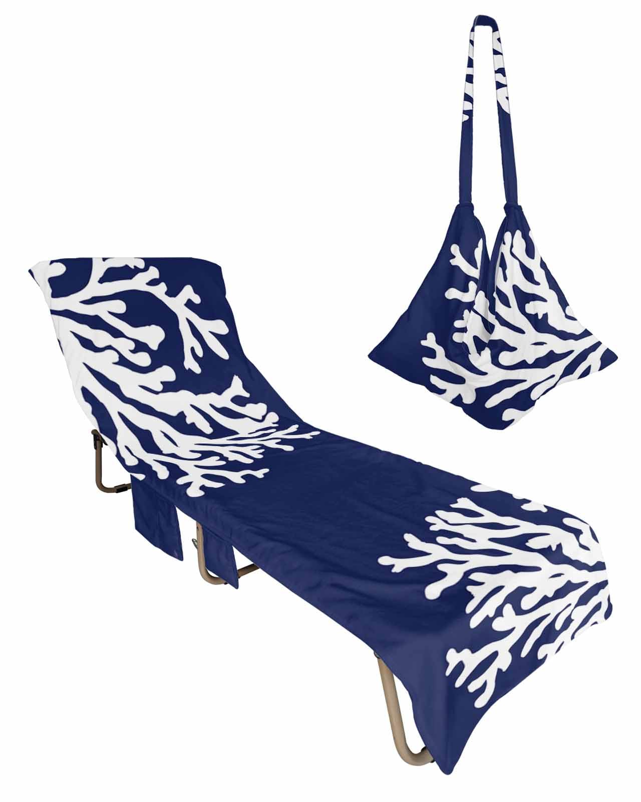 Navy Blue Coral Beach Chair Towel Covers for Chaise Lounge with Side Pocket, Soft Plush Pool Towels Cover for Patio Sunbathing Outdoor 29''x85'' Nautical Coastal Summer Ocean Sea Aquatic Animals