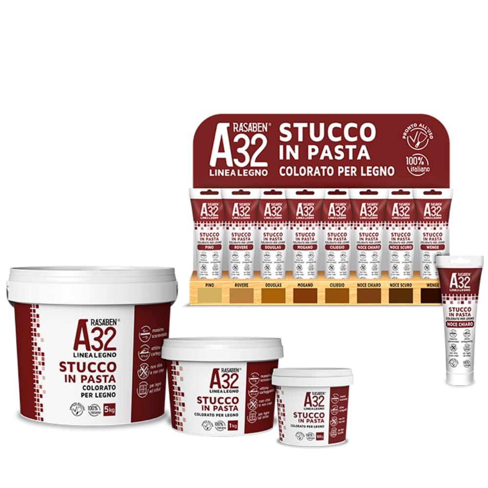 RASABEN - Stucco in Pasta A32 Color Ciliegio, Specifico per Legno, Pronto all'Uso, per Mobili e Infissi, Uso Interno, Made in Italy, da 0,5kg