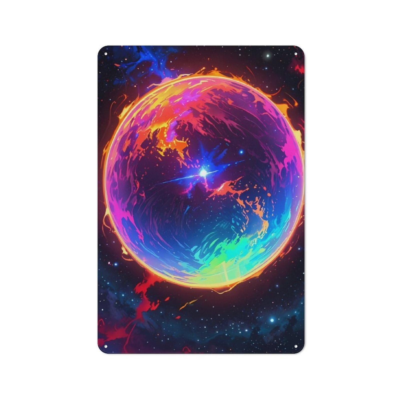 Rainbow Planet in Space Rustic Metal Wall Decor 30x20cm, Decorative Tin Plaque for Pub, Home Bar, Shed Or Man Cave