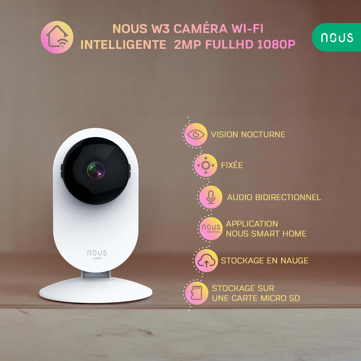 Kamera NOUS W3 WiFi, kamera dla psa, kamera dla dziecka, kamery do monitoringu, wewnętrzna kamera do monitoringu Wi-Fi, kamera dla zwierząt z aplikacją, kamera dla kota, Tya Smart Life