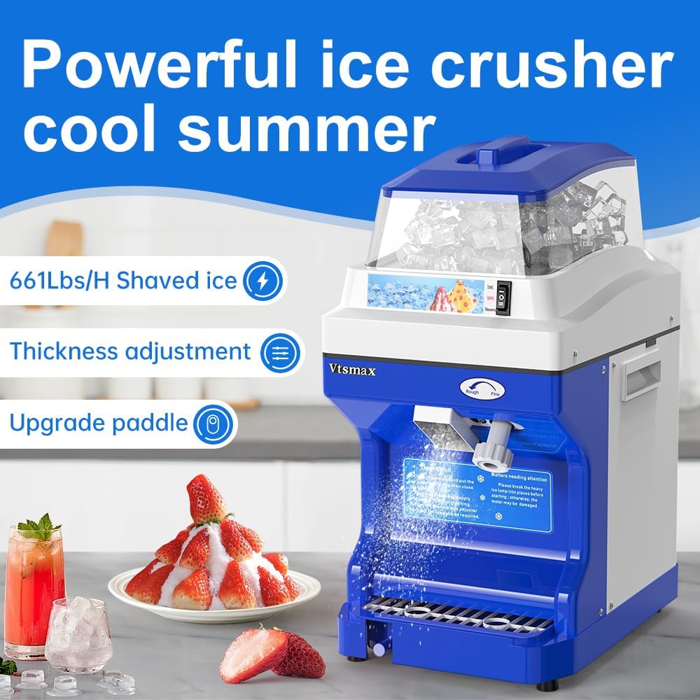 Electric Shaved Ice Machine, 300W Ice Shaver Machine, Thickness Adjustable Snow Cone Maker Machine 661LBs/hr Ice Crusher for Bar Parties Events Snack, Home and Commerical Use Blue(5.8Qt)
