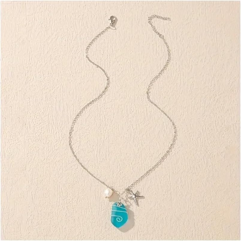 Sterling Silver Starfish Necklace with Blue Sea Glass & Pearl – Adjustable 18–20” Beach Jewelry Gift
