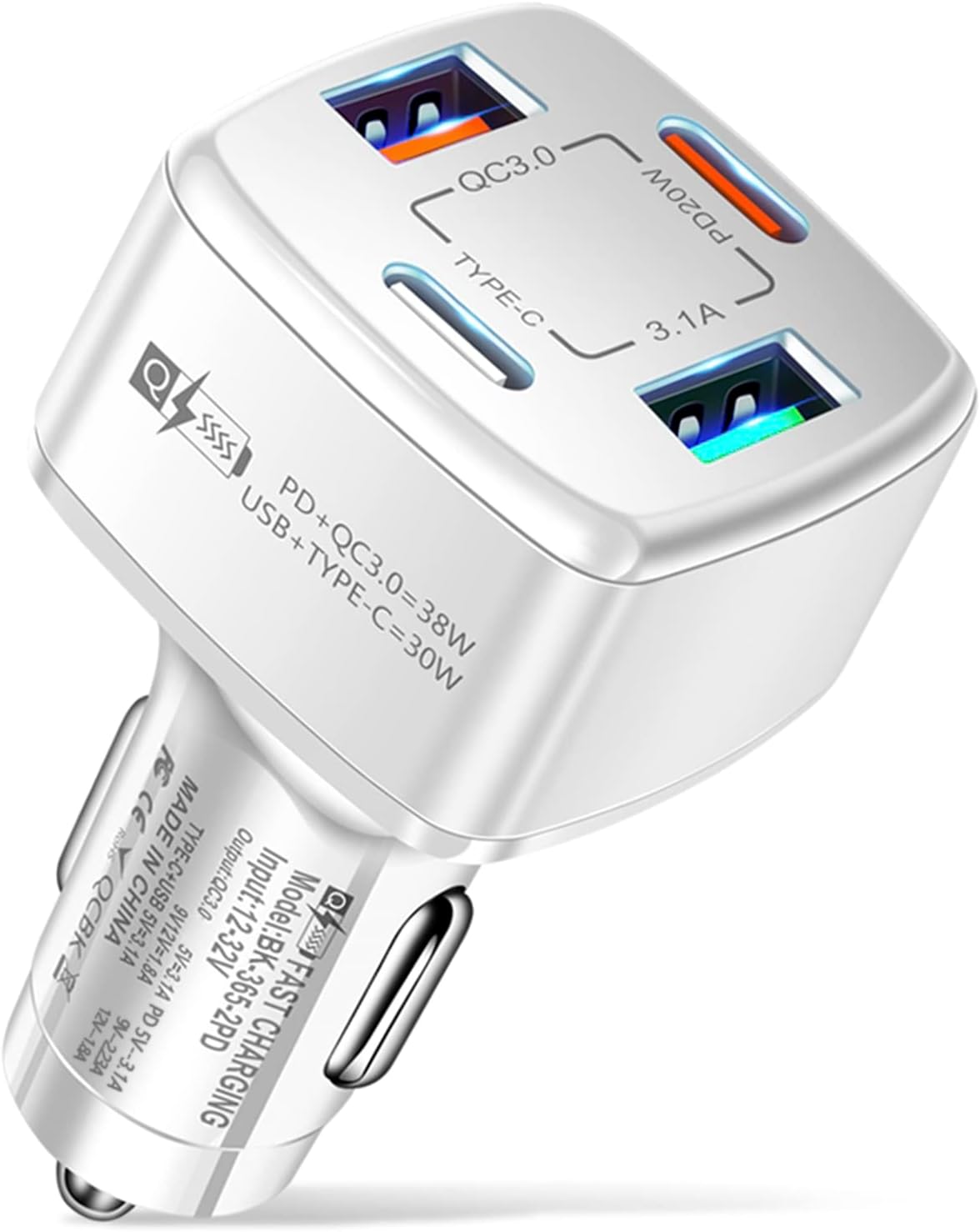 Amiss 4 Port USB C Car Charger, 38W PD & QC3.0, 30W Fast Charging - White