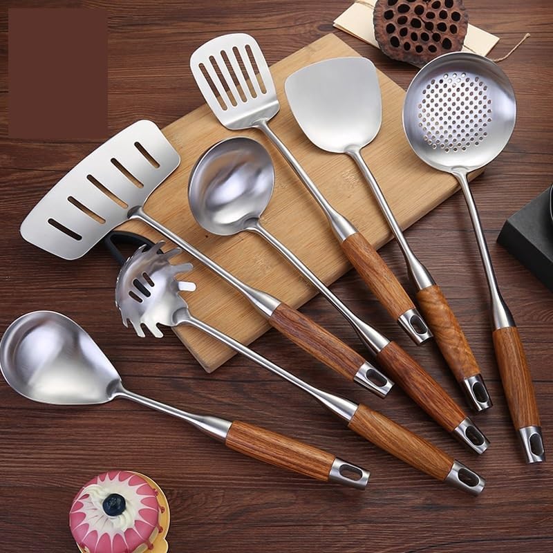 7-Piece Kitchen Silverware Set - 304 Stainless Steel Cutlery with Pear Wood Handle, Includes Soup Spoon, Frying Spatula, Large Colander, and Rice Serving Utensils