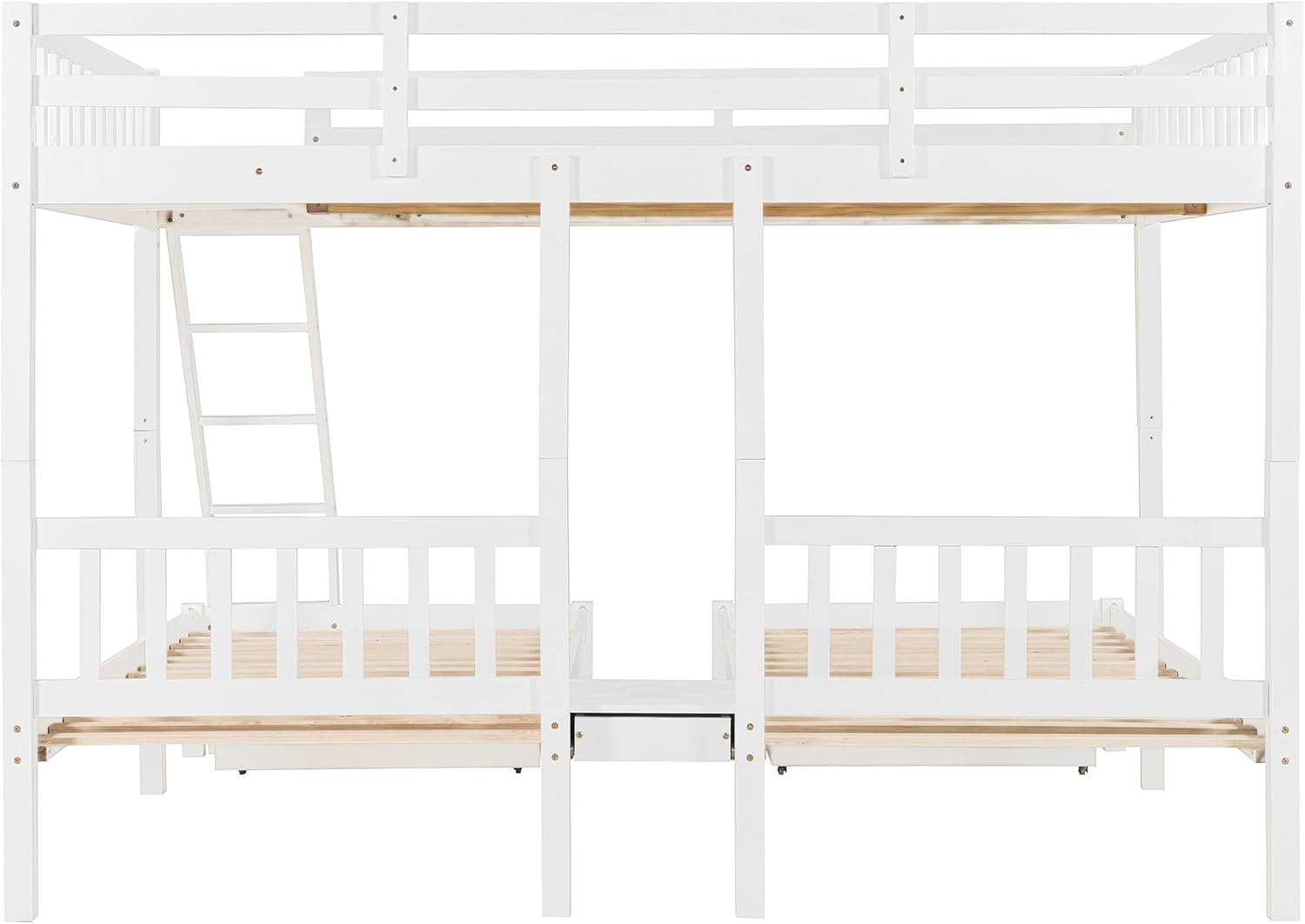 Merax Full Over Twin & Twin Bunk Bed for 3, Wooden Triple Bunk Bed with 2 Storage Drawers, Ladder and Guardrails, No Box Spring Needed, White