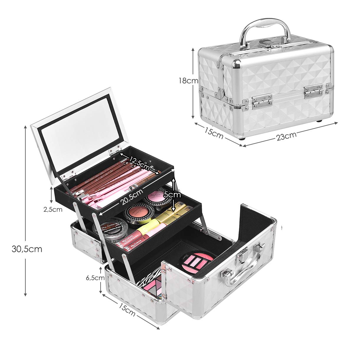 GOPLUS Kosmetikkoffer, Schminkkoffer leer mit Spiegel & 2 ausziehbare Ablagen, Makeup Oragnizer tragbar mit Tragegriff & Verschluss, Beauty Case für Reise, Friseure & Visagisten (Silber)