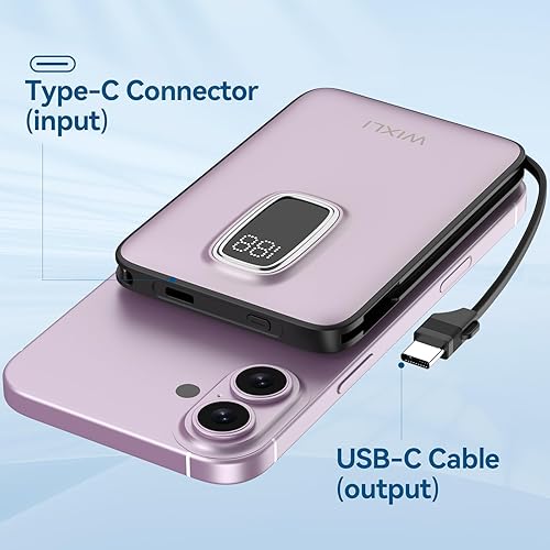 Miniatura 4 de Cargador portátil ultrafino de 5000 mAh con cable USB-C integrado, batería externa compacta para uso en exteriores, compatible con iPhone 1615,