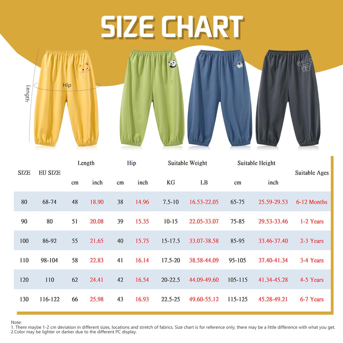 Bambino Pantaloni estivi Jogging Cotone Ragazze leggeri Pantaloni elastici all'aperto casual Ragazzi Pantaloni da sbuffo Sport 6 Mese-7 Anni
