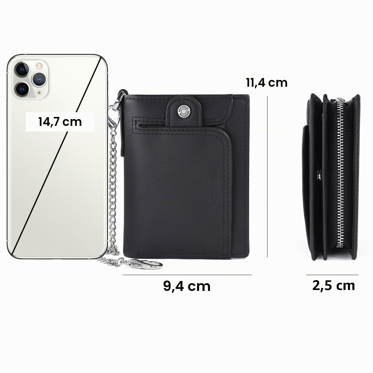 HNOOM Cartera Hombre Piel con Monedero Billetera Hombre con RFID Bloqueo Billeteras Bifold Hombres Monedero Hombre Pequeño con Cremallera 14 Ranuras para Tarjetas Carteras para Hombre con Cadena