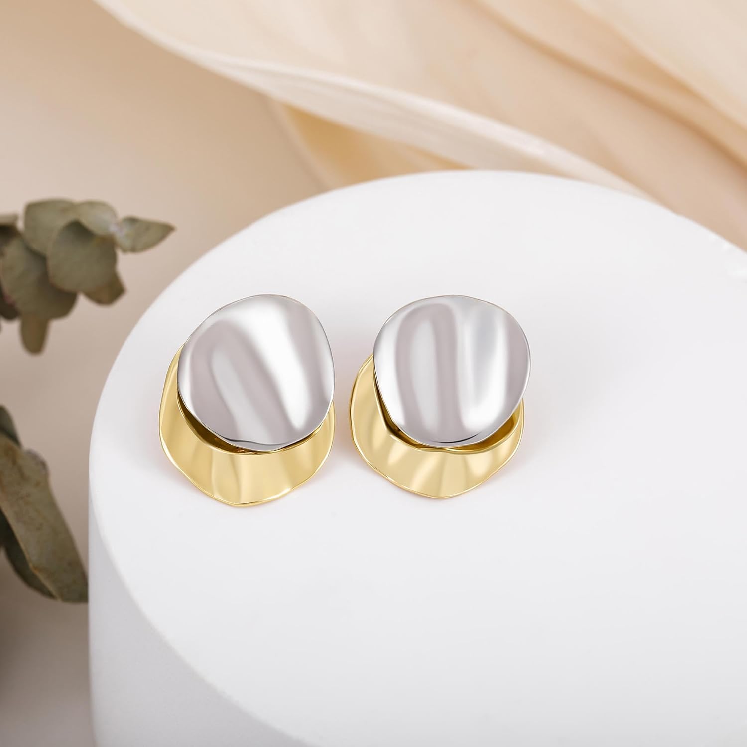 SHINYSO Chunky Stud Earrings for Women Two Tone Mixed Metal Gold and Silver Big Statement Hypoallergenic Earring - Image 2