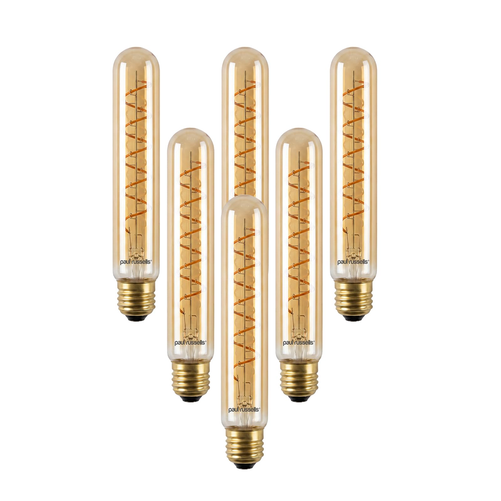 paul russells Dimmable Spiral LED Filament T32 Tube Bulb, E27 4W (25W Equivalent) - 250LM, 1800K Vintage Amber Light, 330° Beam Angle, Slim Decorative Edison Screw Long Tube Lamp – Pack of 6