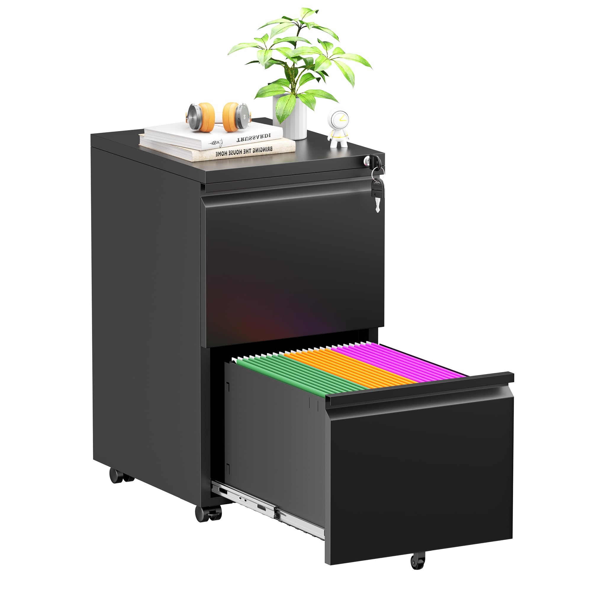 Greenvelly File Cabinet,Metal Mobile 2-Drawer Rolling File Cabinet with Lock Under Desk for Home Office Fit Letter/Legal/A4 Size(Easy Assemble-Black)