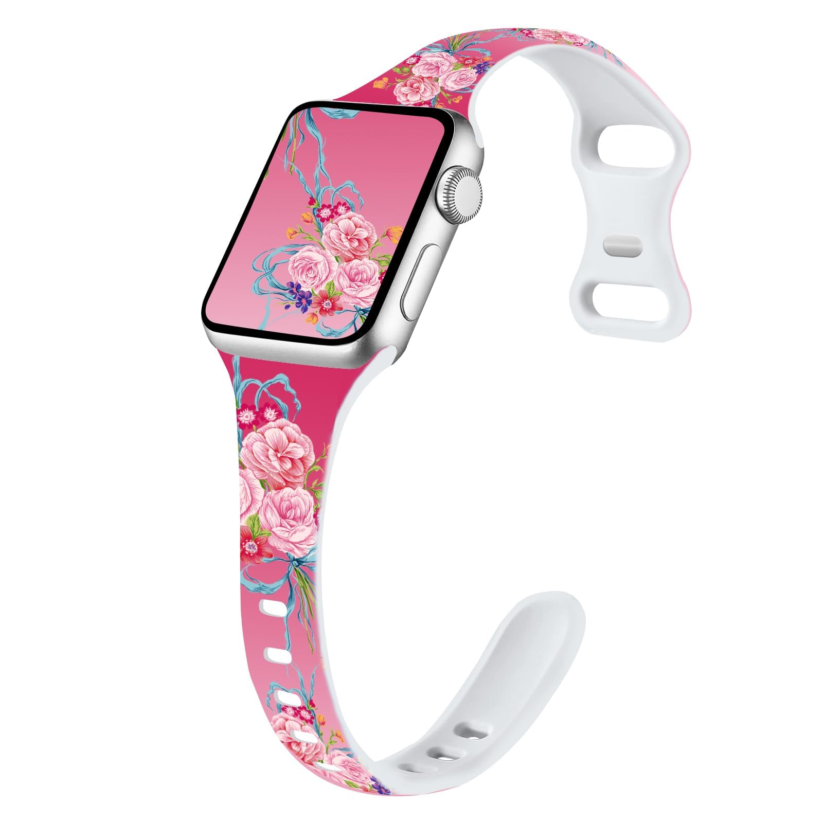 Sport Band Floral Printed Compatible with Apple Watch Bands 49mm 46mm 45mm 44mm 42mm 41mm 40mm 38mm Women, Silicone Flower Printed Fadeless Pattern Design Strap for iWatch Series12 11 10 9 8 7 6 5 4 3 2 1SE