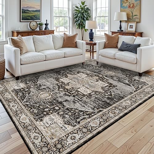 RUUGME 7x9 Area Rug Washable - Living Room Area Rugs with Non Slip Backing Stain Resistant Carpet Indoor Soft Carpets Distressed Decoration Mat for Bedroom Dining Room 7x9 Black