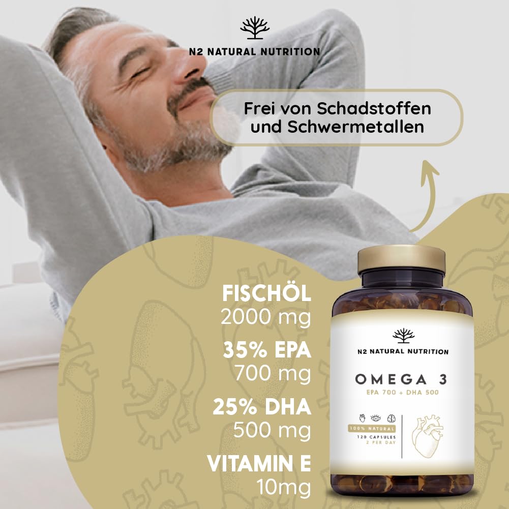 Omega 3 Kapseln Hochdosiert mit 2000 mg Fischöl mit 700mg EPA und 500 mg DHA, Fischöl mit Vitamin E und den Omega 3 Fettsäuren. 120 Softgel-Kapsel reines Seefischöl N2 Natural Nutrition