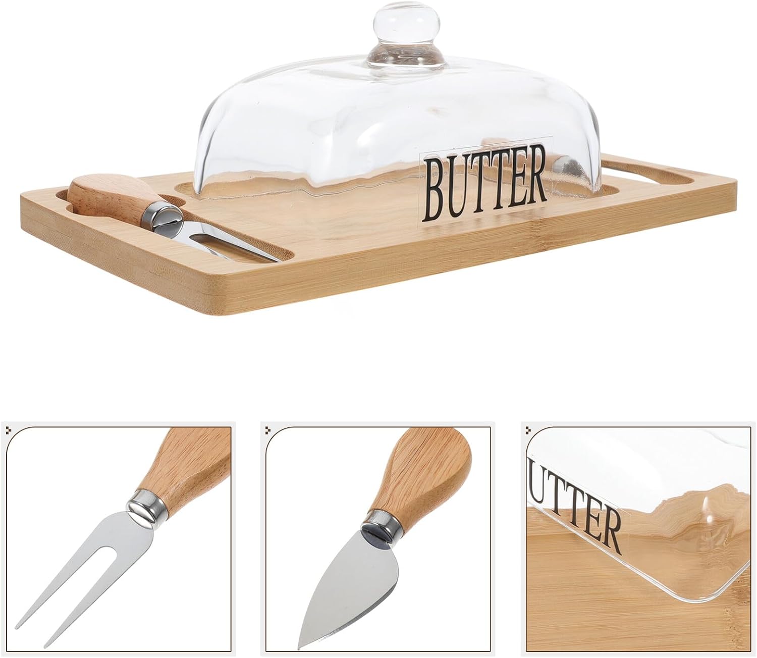 Butter Dish with Lid and Cutter Large Wood Tray Butter Container for Fridge Dome Cover for Kitchen Storage and Serving