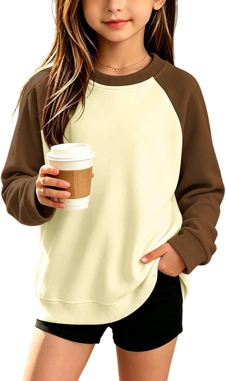 Girls Raglan Sleeve Color Block Crew Neck Sweatshirt Tops