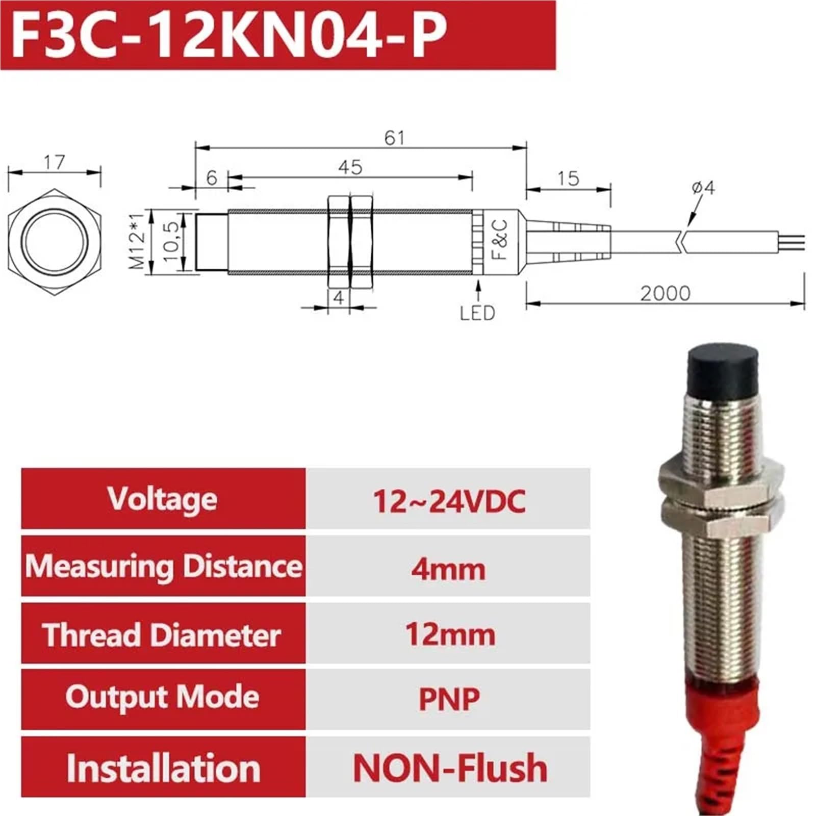 Indukcyjny przełącznik proximity czujnik M8, M12, M18, M30, PNP, bez wykrywania, odległość 1 do 15 mm, 6-36 VDC, z kablem 2 m (M12 4 mm PNP NO)