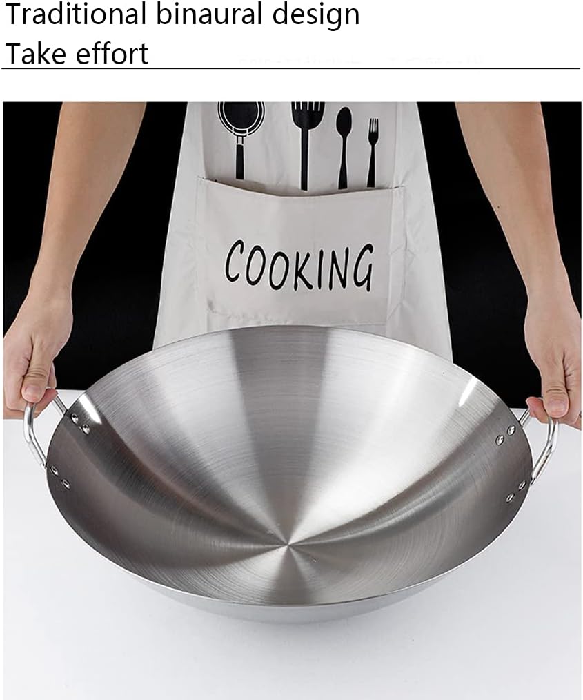 Non-Stick Frying for Commercial Double Ear 201 Non-Magnetic Stainless Steel Wok Polishing,30cm-70cm Fast Heat Conduction Uncoated Chinese Easy to Clean Wok Suitable for Gas Cooker