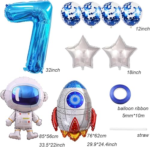 Miniatura 4 de Globos de cumpleaños de cohete de 7 astronauta, globo de fiesta de espacio exterior, globos gigantes de papel de aluminio de 32 pulgadas, globo de