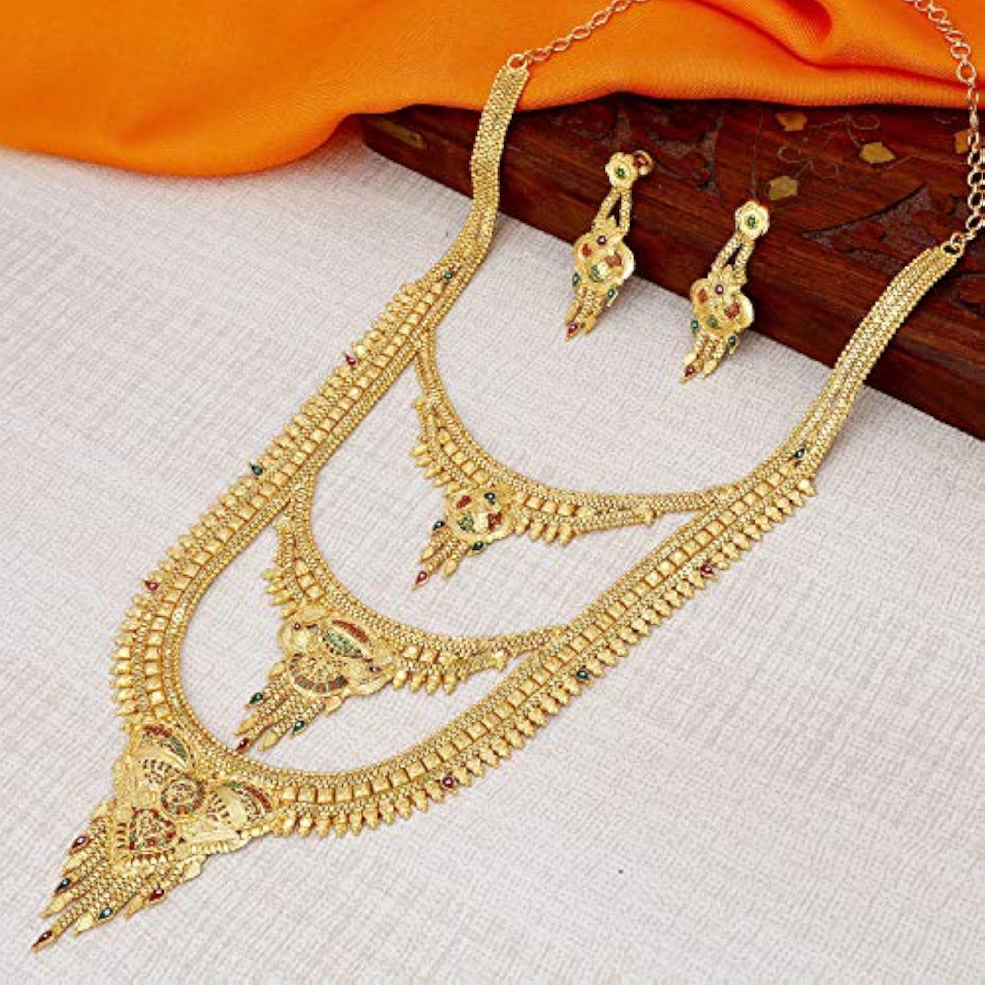 24K Plated Wedding Jewelry Rani Haar Multi-String Necklace Set N73776