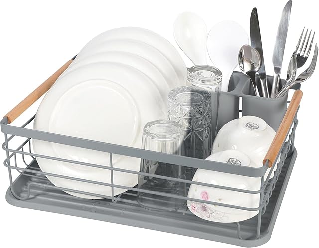Vinsani Deluxe Dish Drainer Drying Rack with Wooden Handles Drip Tray Draining Board and Removable Cutlery Holder, Minimalist Dish Rack, 42.5 x 30.5 x 14cm (Grey)