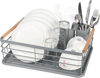 Vinsani Deluxe Dish Drainer Drying Rack with Wooden Handles Drip Tray Draining Board and Removable Cutlery Holder, Minimalist Dish Rack, 42.5 x 30.5 x 14cm (Grey)