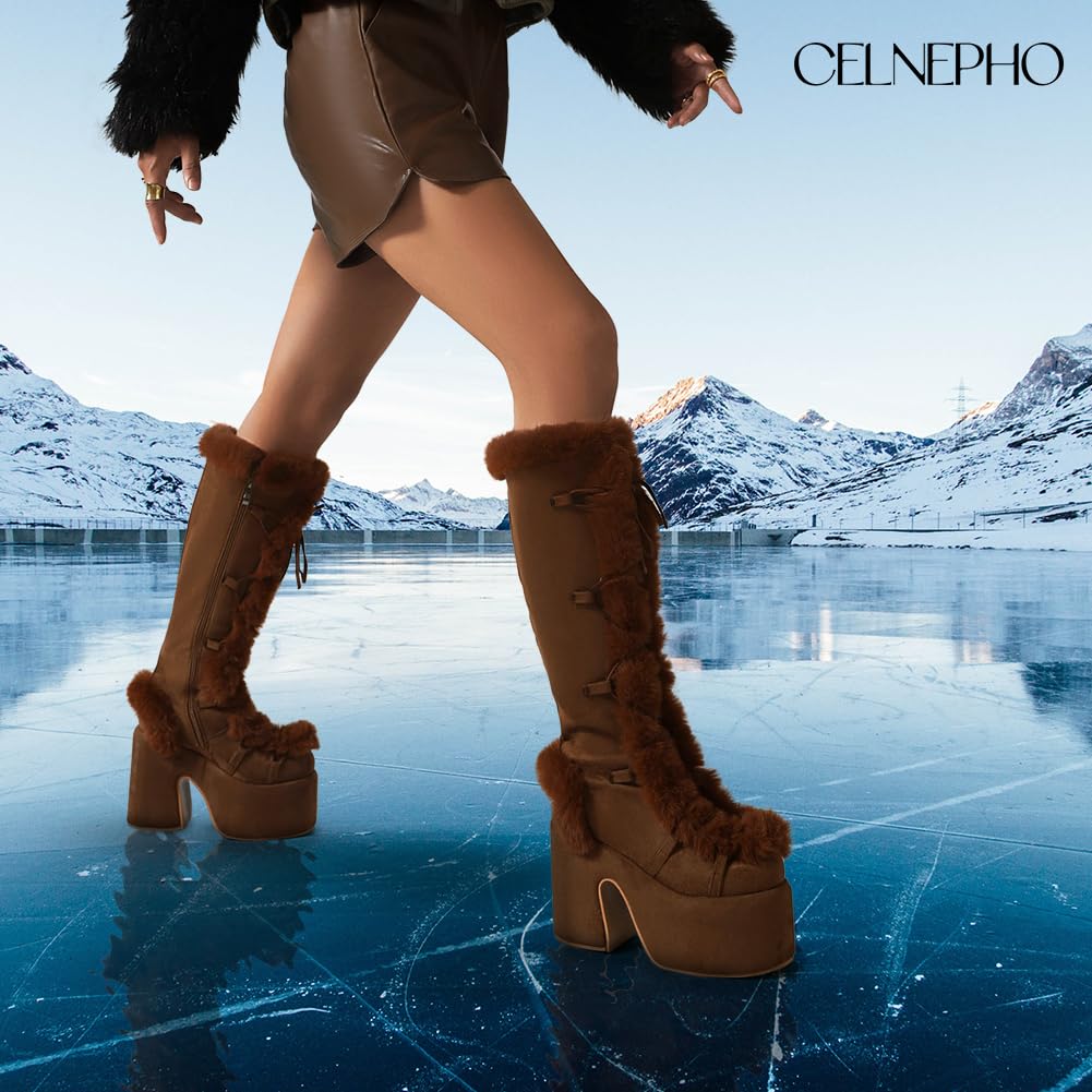 CELNEPHO Knee High Boots For Womens Side Zipper Warm Faux Fur Platform Chunky Heel Punk Goth Walking Winter Snow Boots